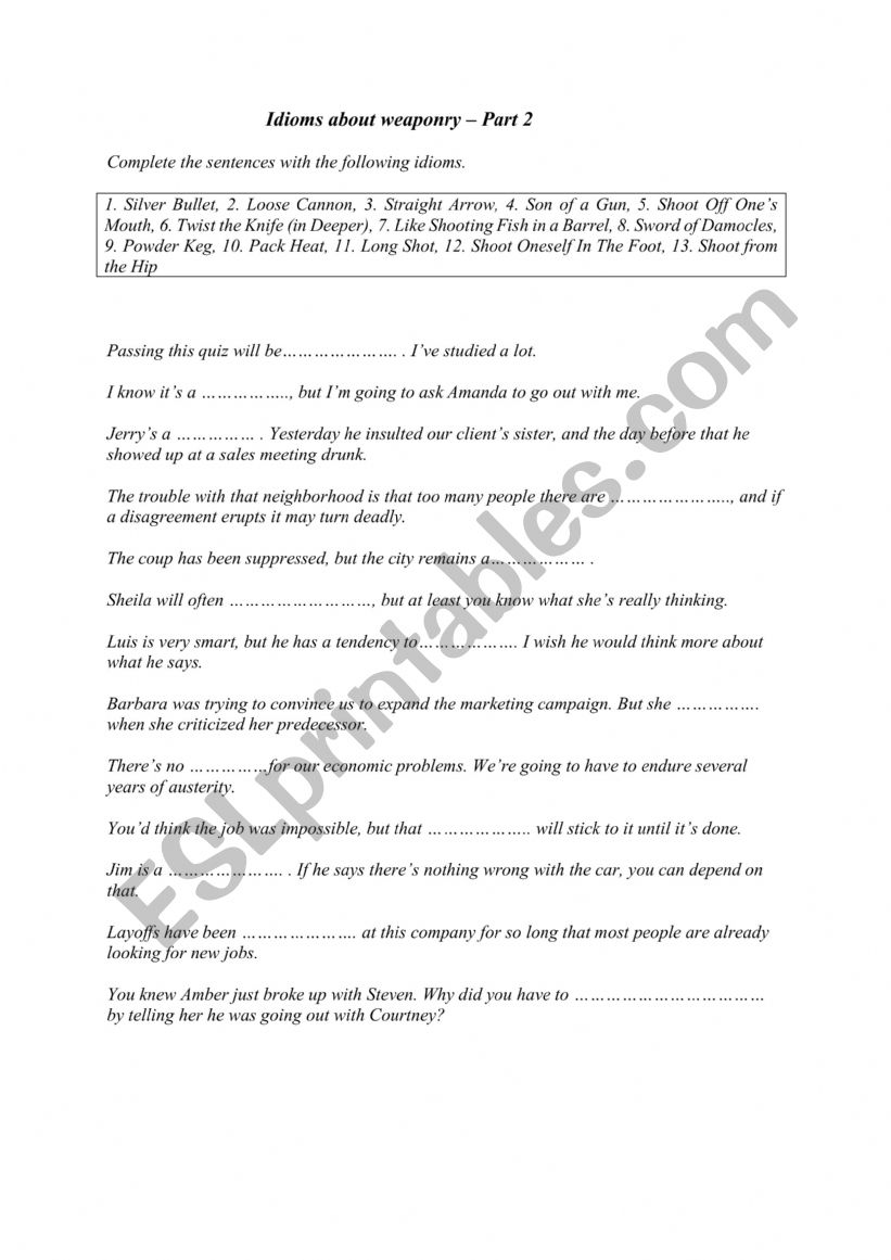 Idioms about weaponry 2 worksheet