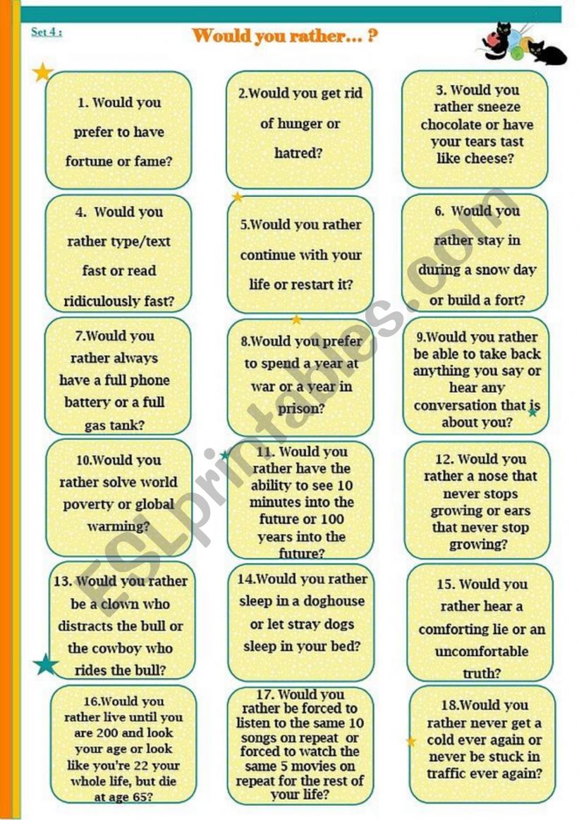 Would you rather...? cards - set 4 - ESL worksheet by stefemma