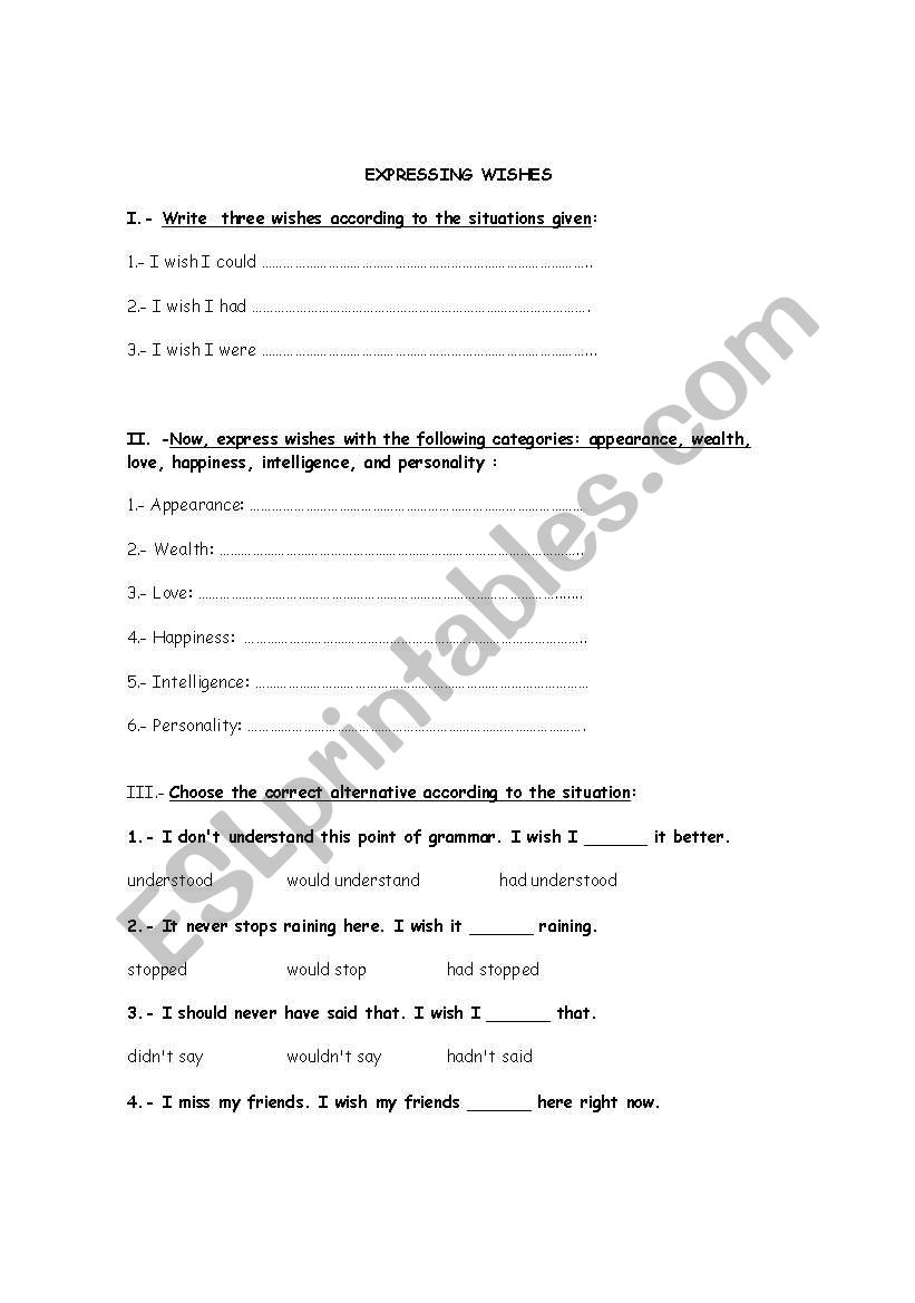 Expressing wishes worksheet