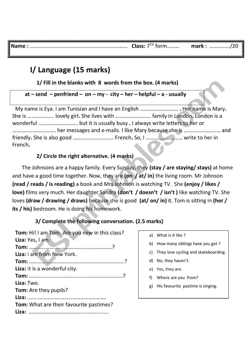 end of term1 test worksheet