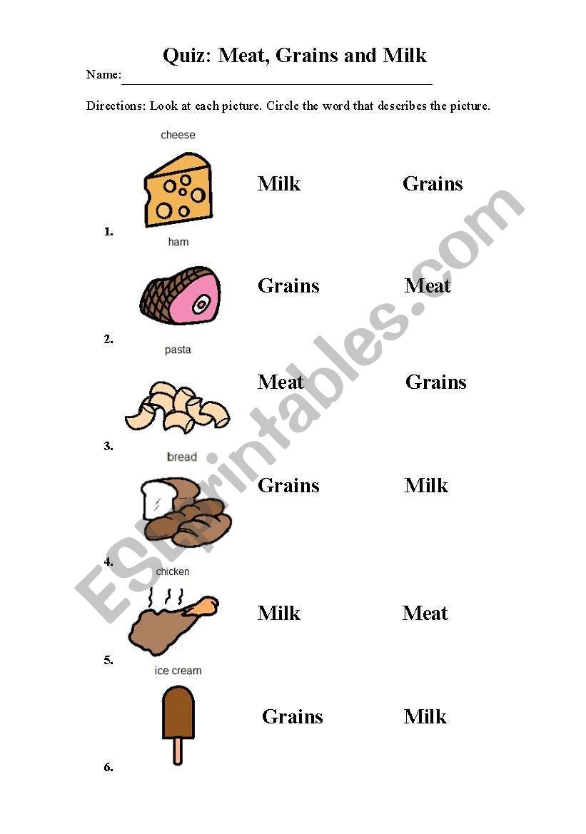 Quiz - Meat, Grains and Milk worksheet
