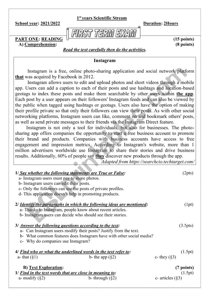 1st years exam Instagram worksheet