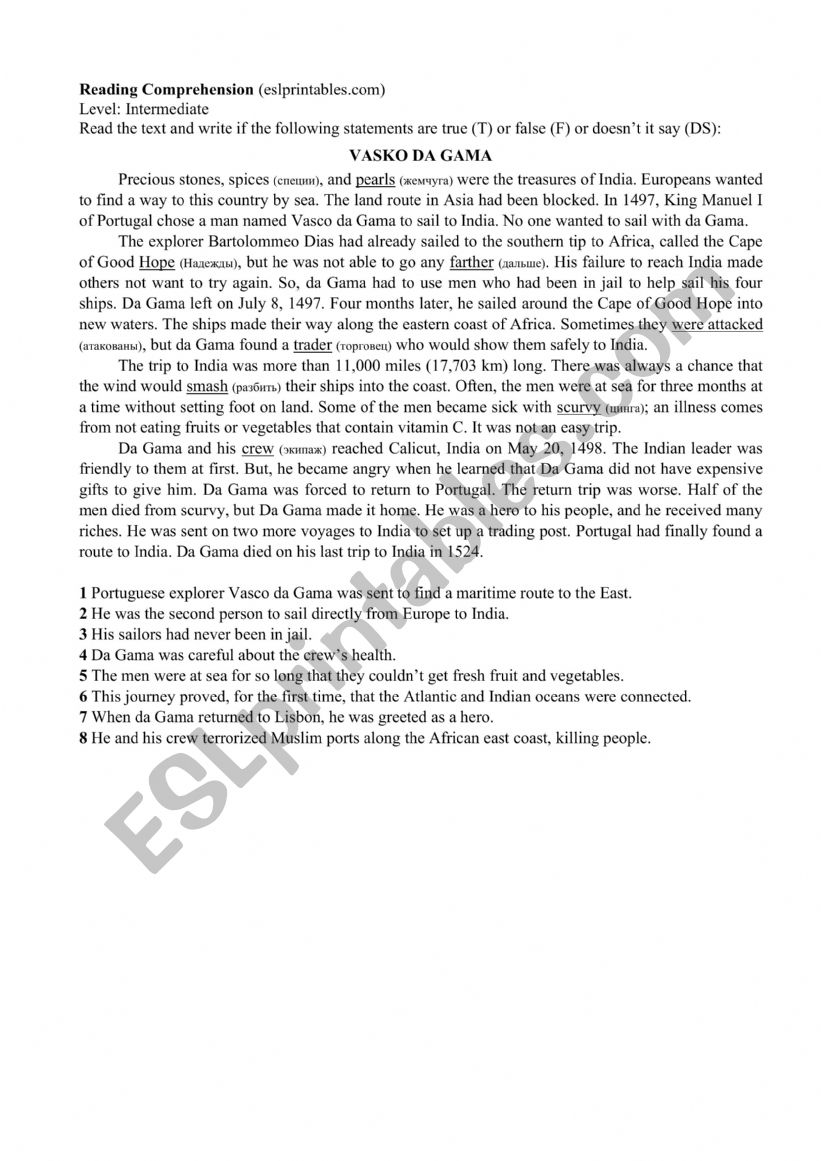 Vasco Da Gama worksheet