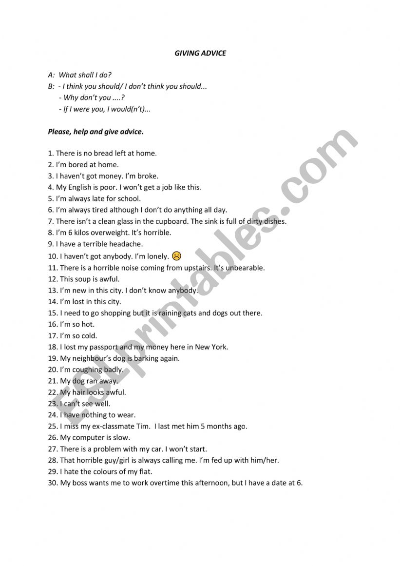Giving advice worksheet