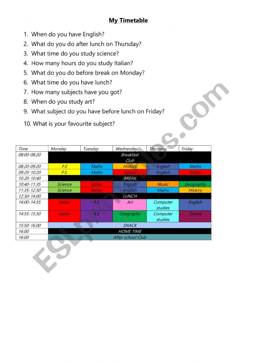 My Timetable worksheet