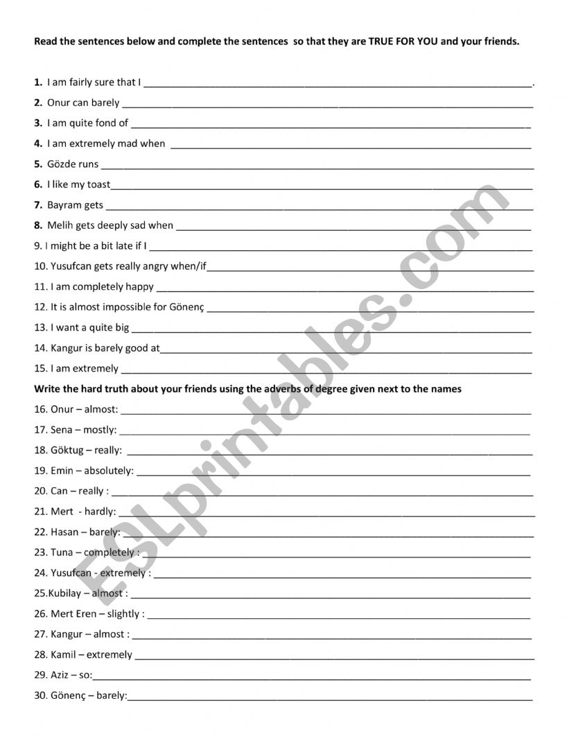 Adverbs of degree worksheet