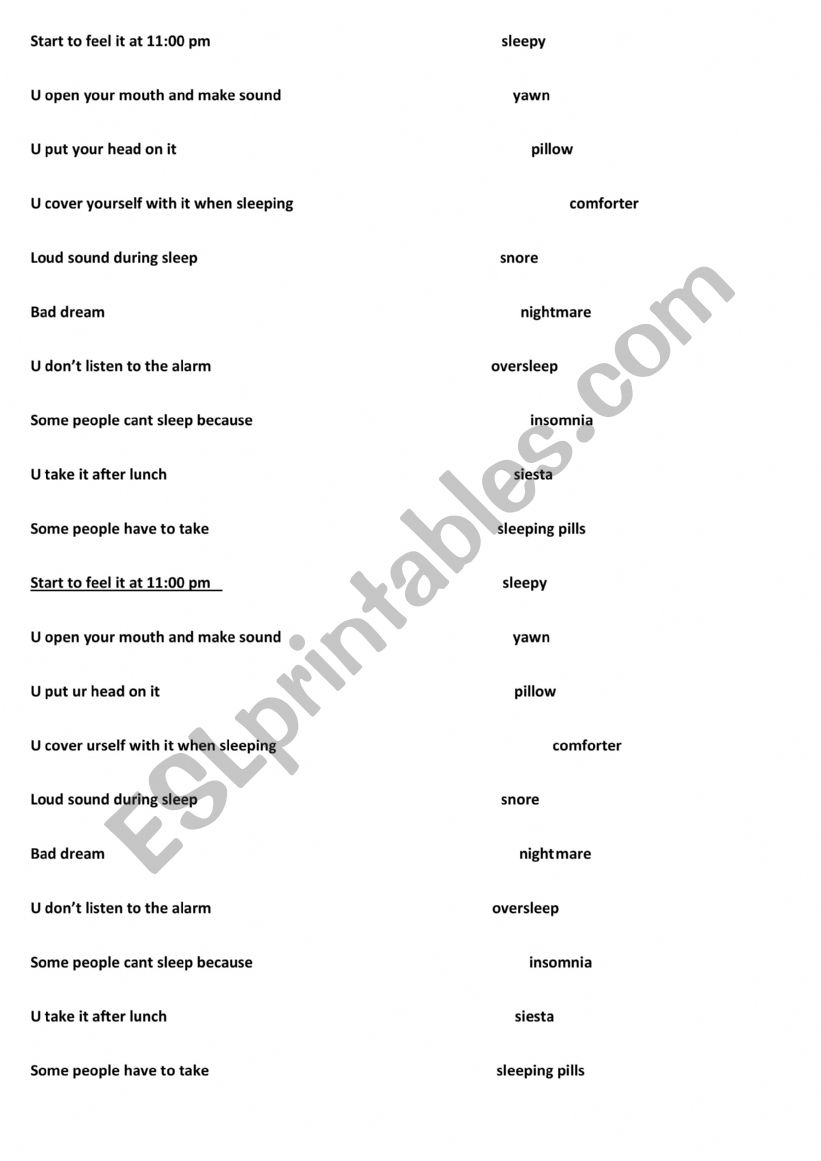 sleep vocabs  worksheet