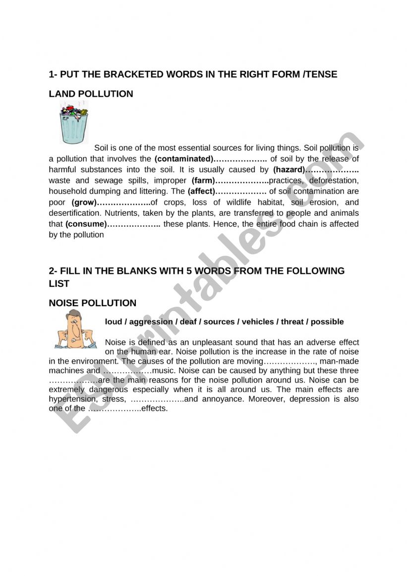 SOIL AND NOISE POLLUTION worksheet