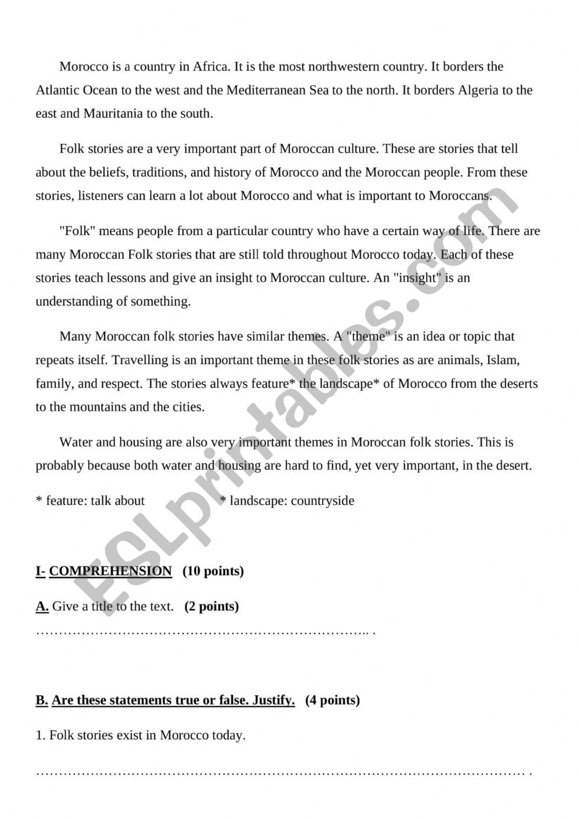 Folk stories in Morocco worksheet