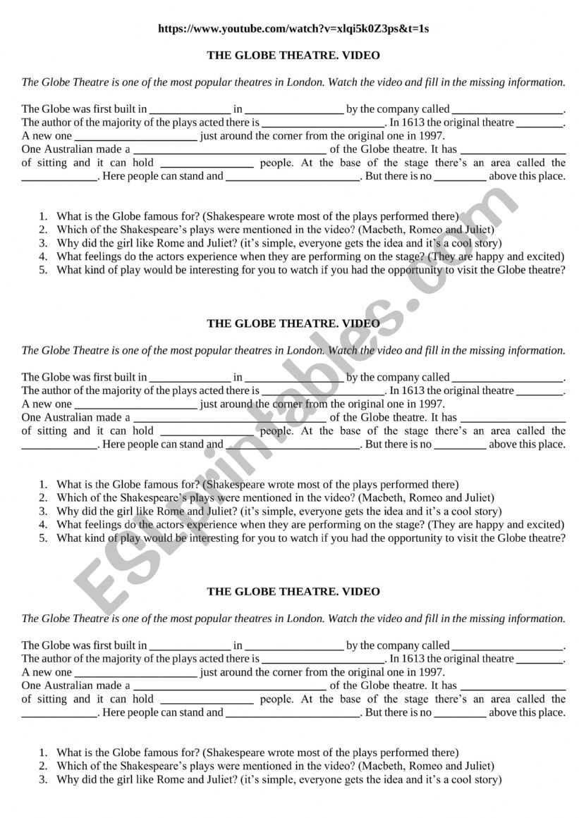 The Globe Theatre video worksheet