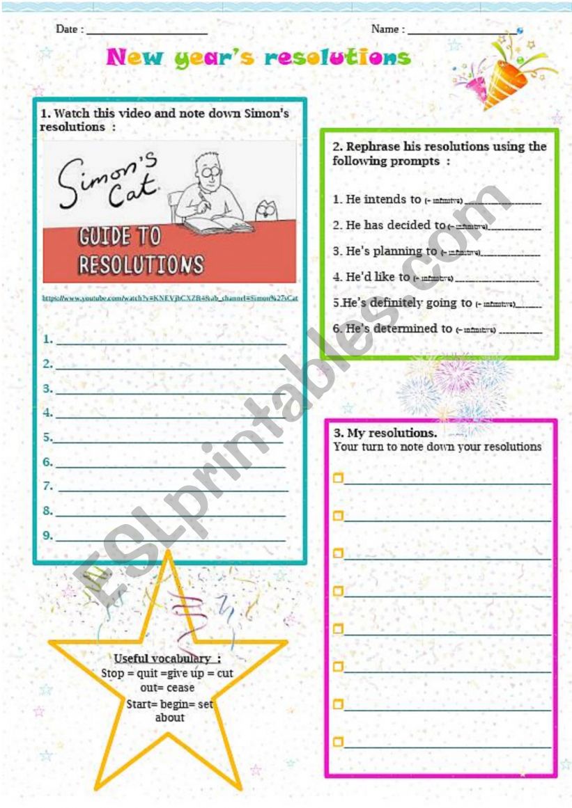 New years resolutions worksheet