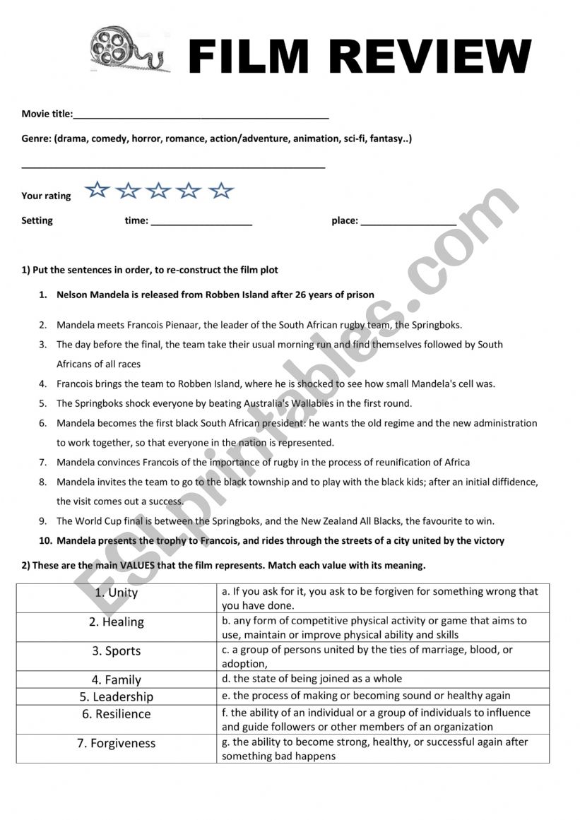 Film review: INVICTUS worksheet