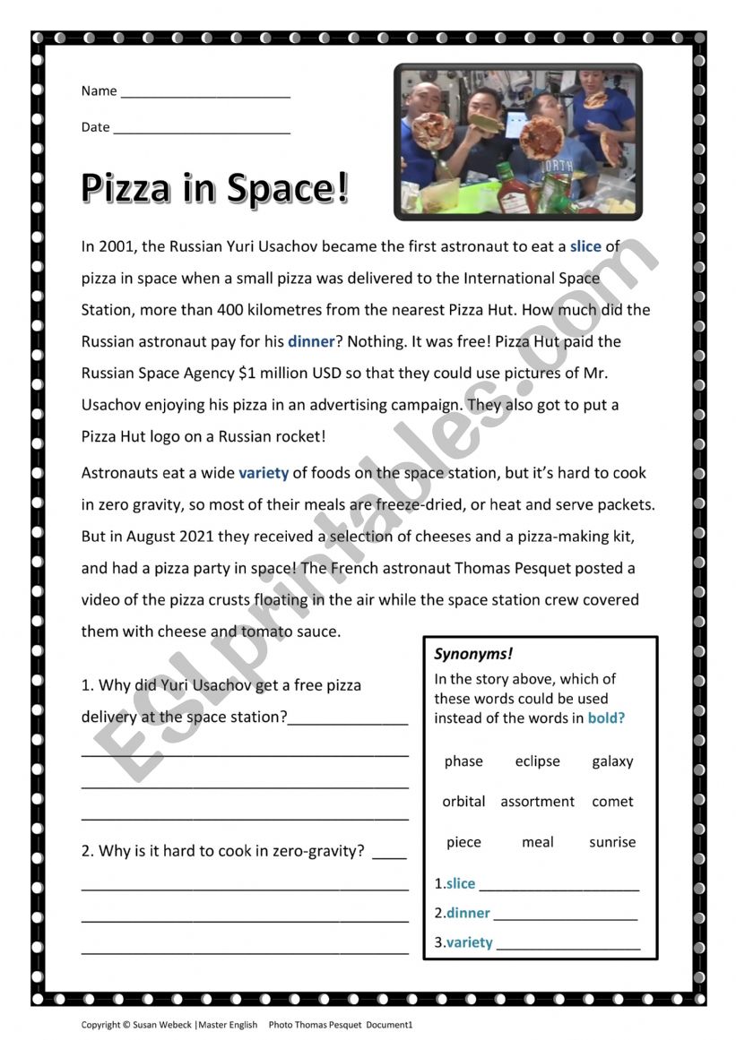 Pizza in Space! True story. Reading Comprehension w Synonym Task and Answer Key