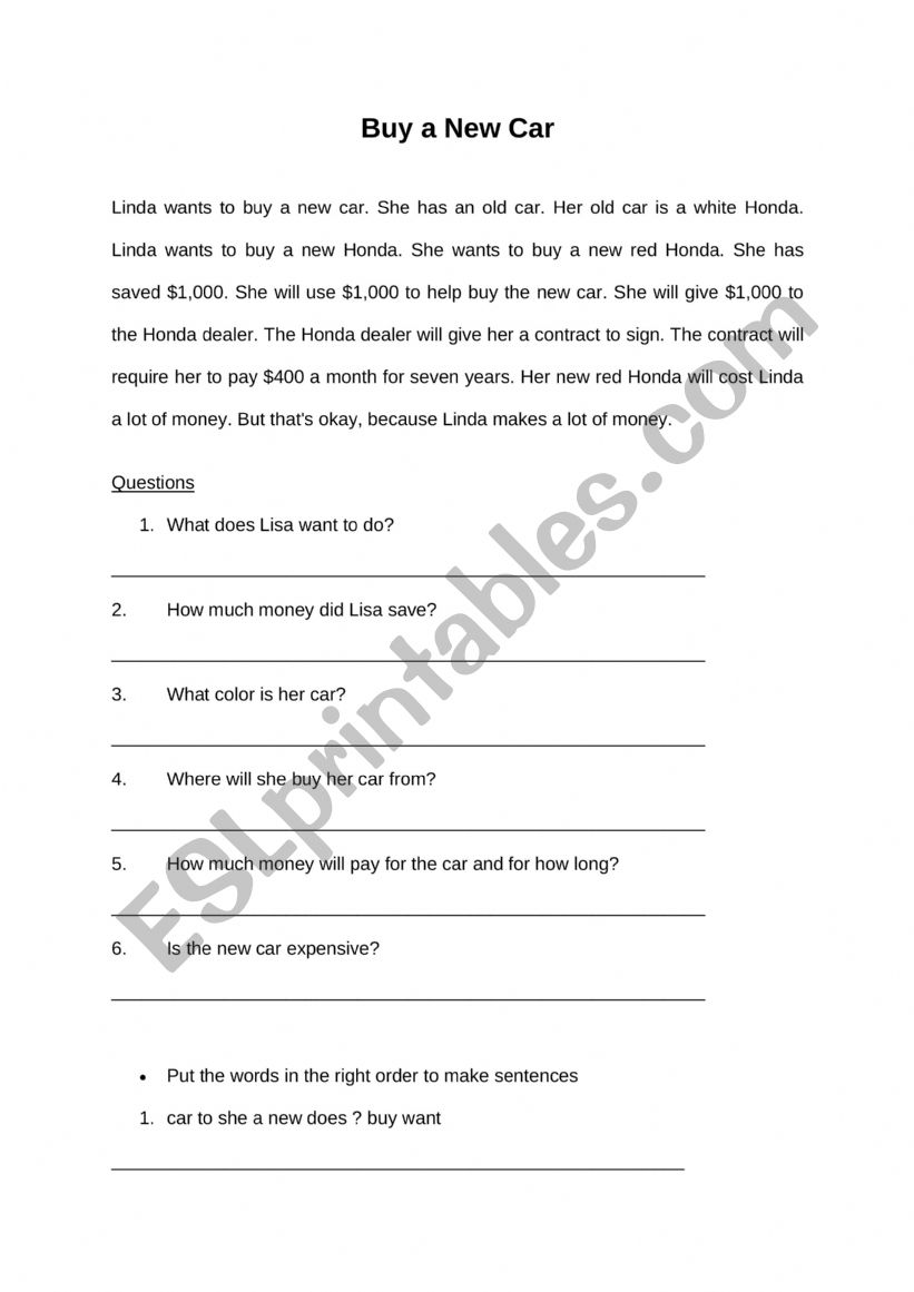 Buy a new Car worksheet