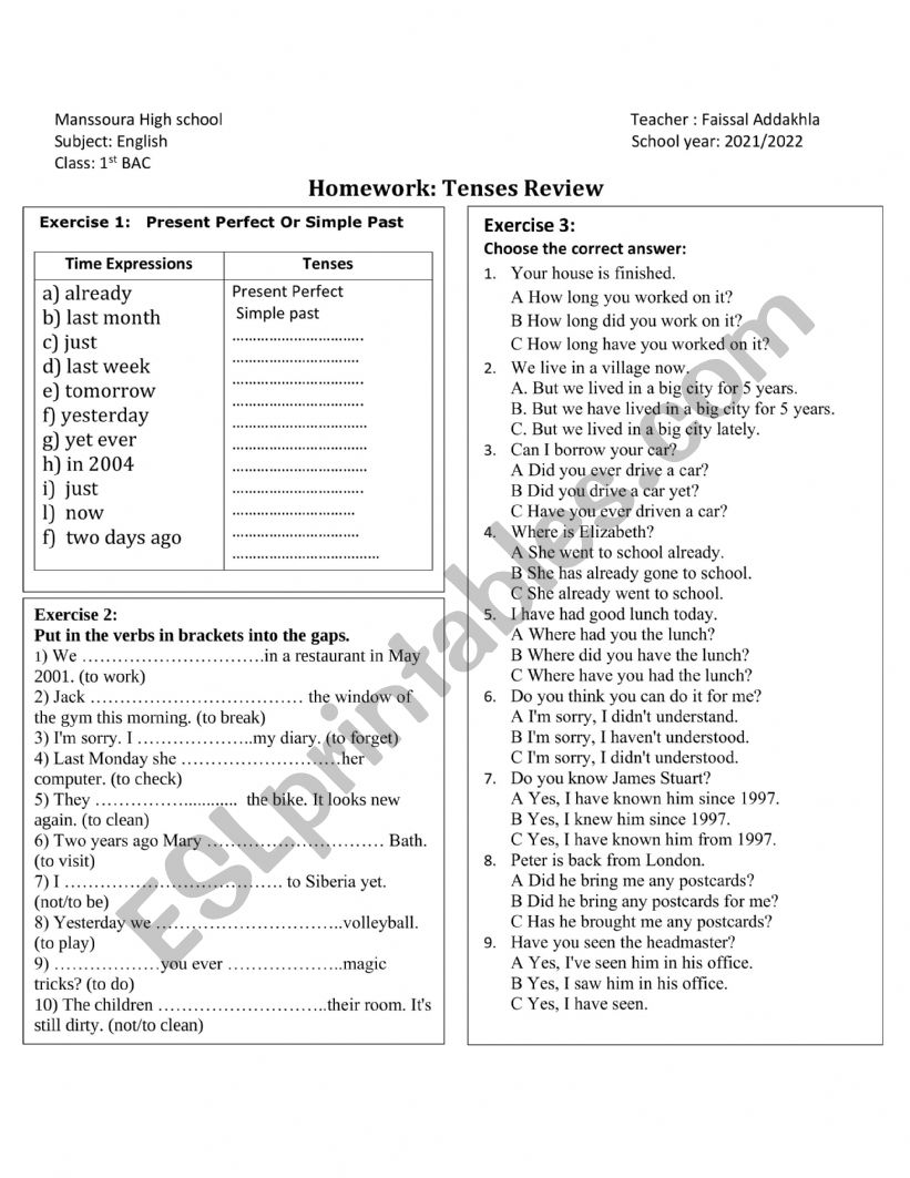 Review of tenses: Simple Past Vs Present Perfect