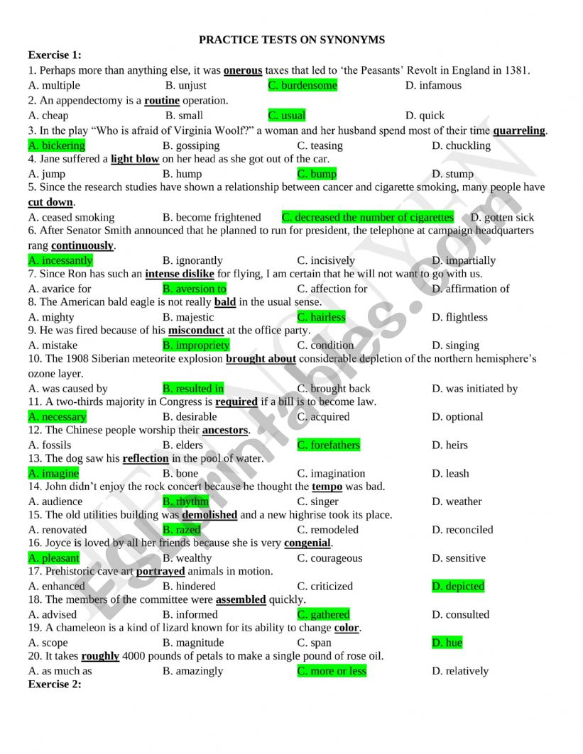 synonyms worksheet