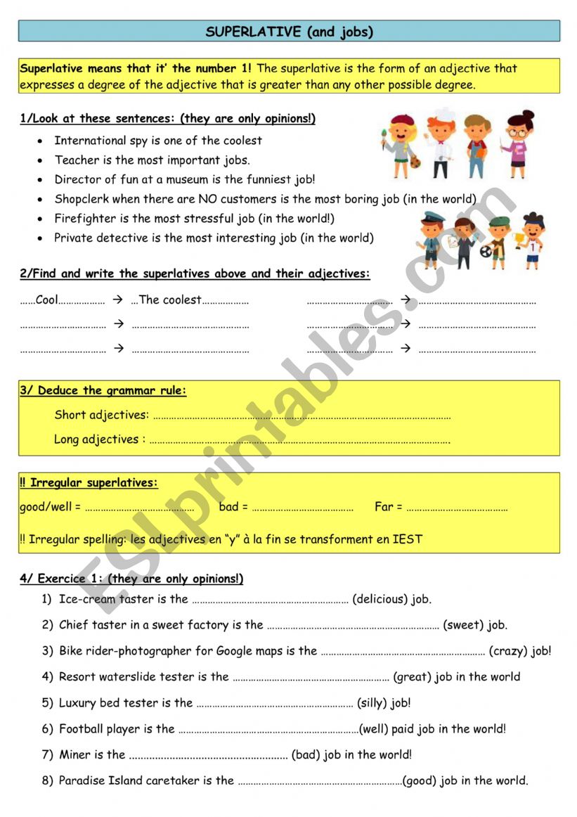 Superlative and jobs with wordsearch 4 pages