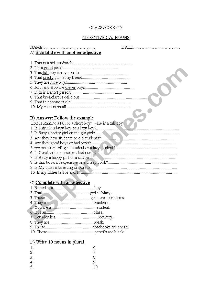 Adjectives vs nouns worksheet