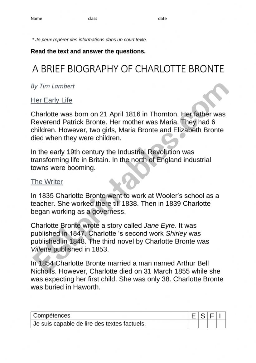 Biography Charlotte Bronte worksheet