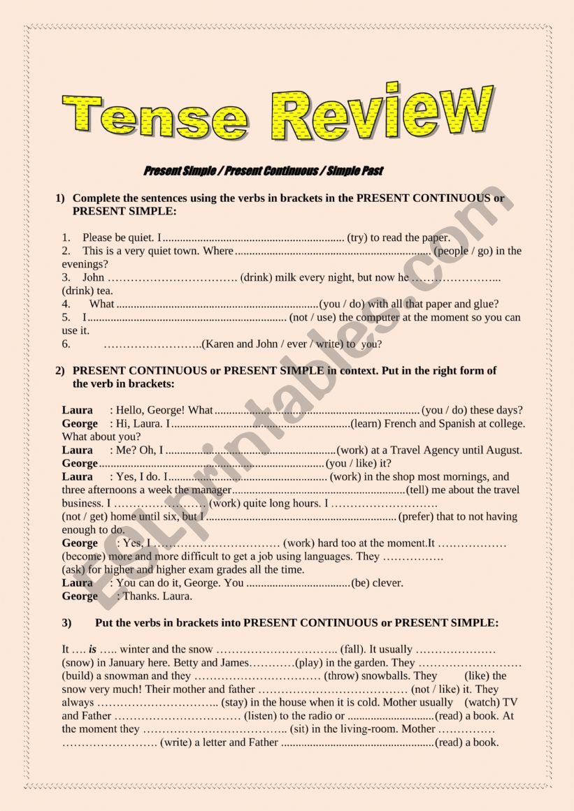 Tense Review 1 worksheet