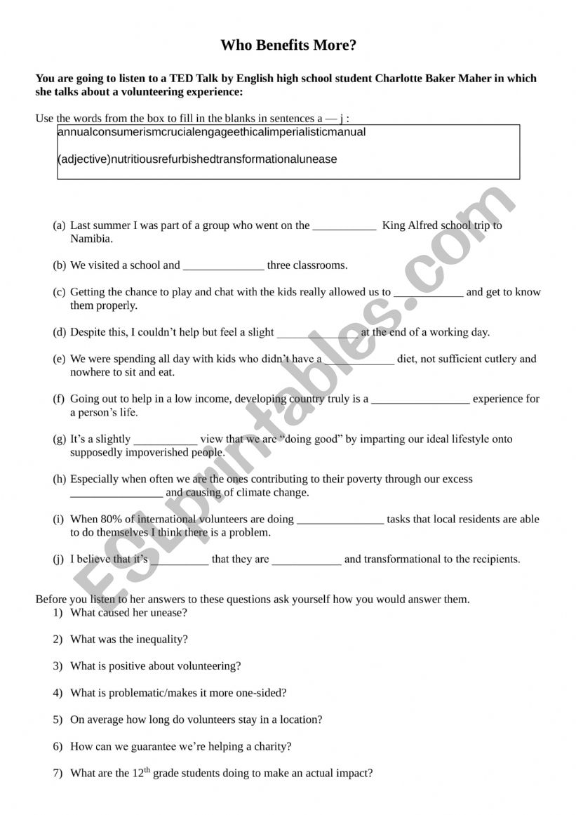 Who Benefits More? TED Talk worksheet