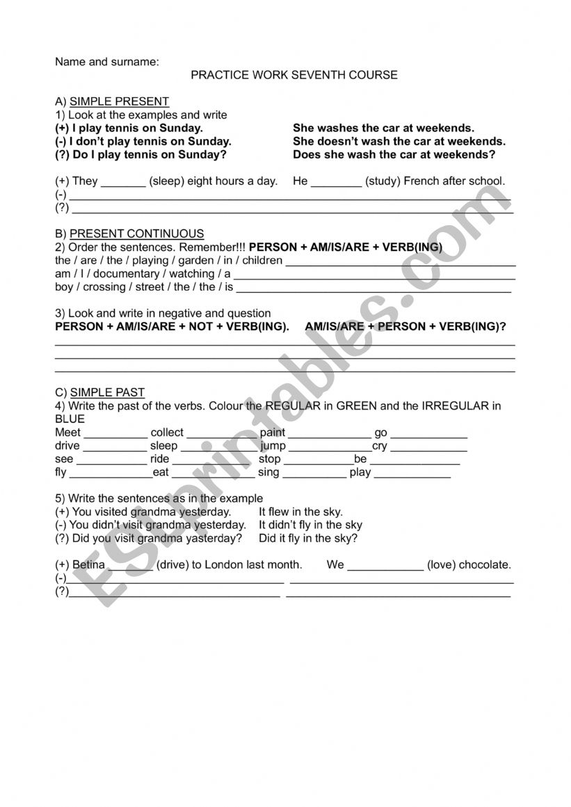 grammar practice seventh form worksheet