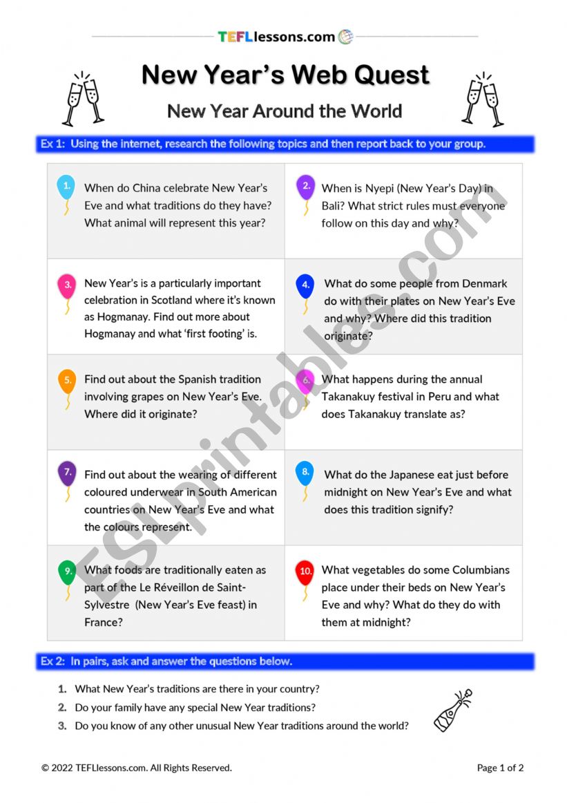 New Year Web Quest worksheet