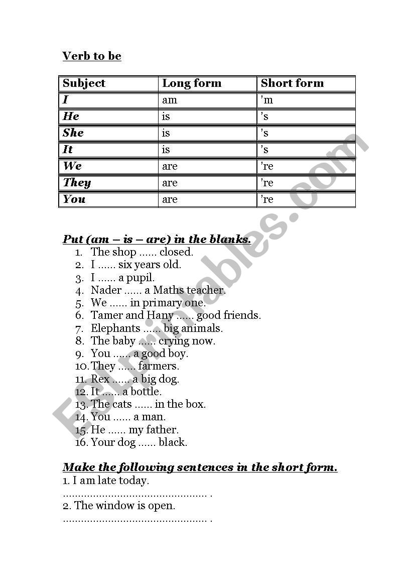 Verb to be worksheet