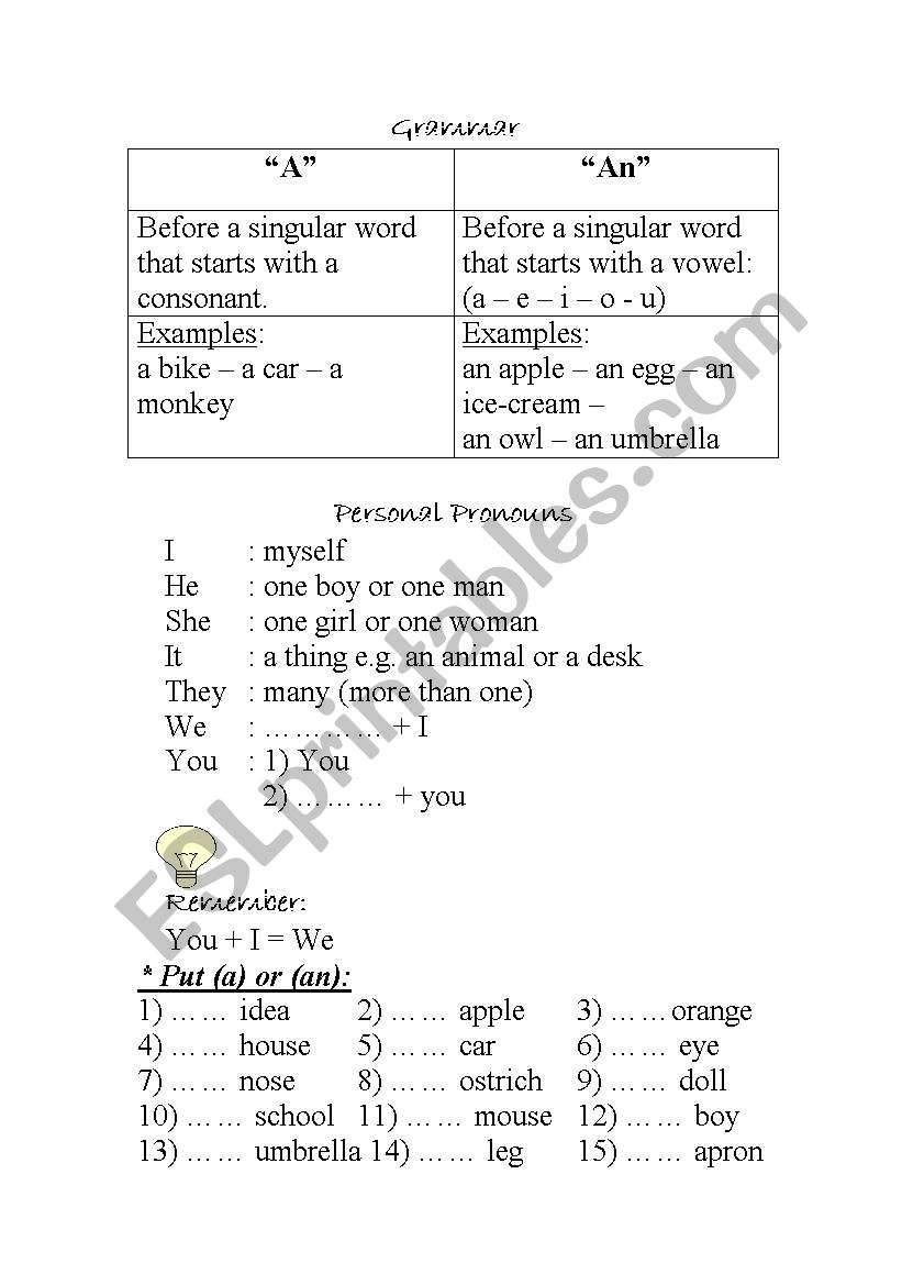a/an + personal pronouns worksheet