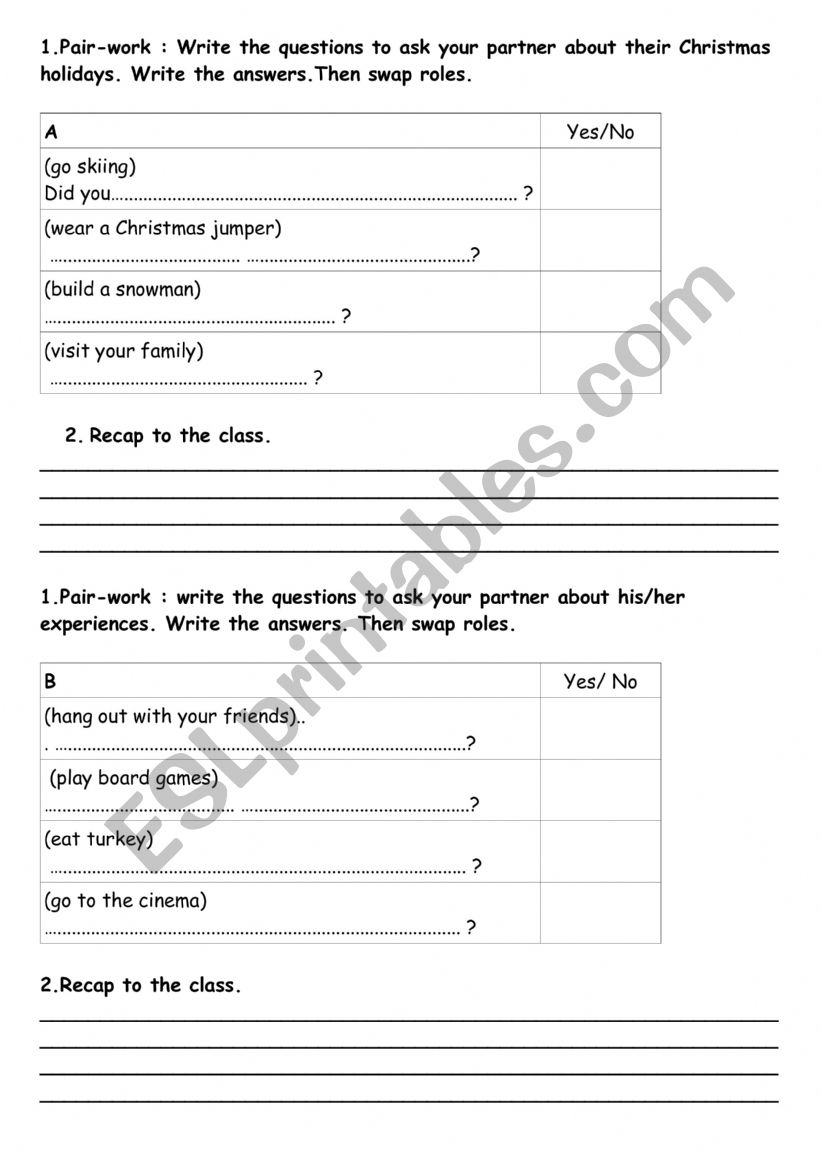 Pair work  holidays worksheet