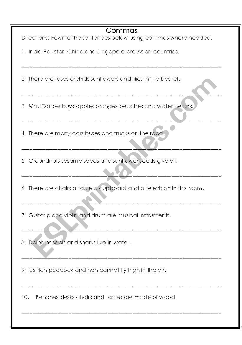 Commas in a Series worksheet