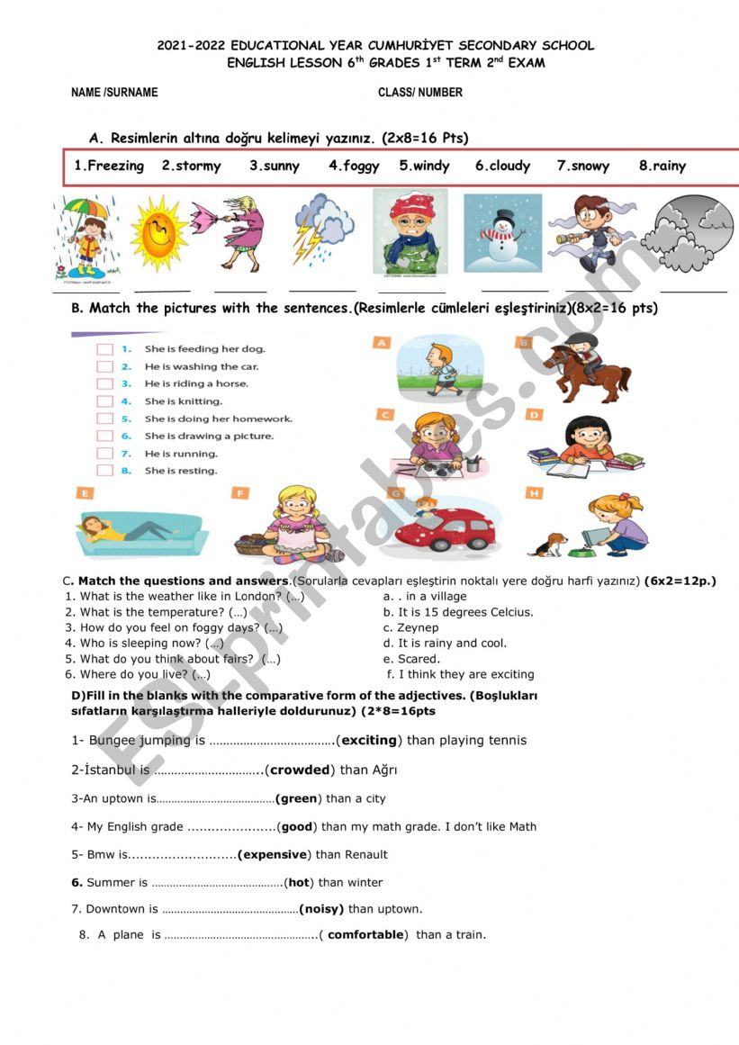 6th grade English exam worksheet