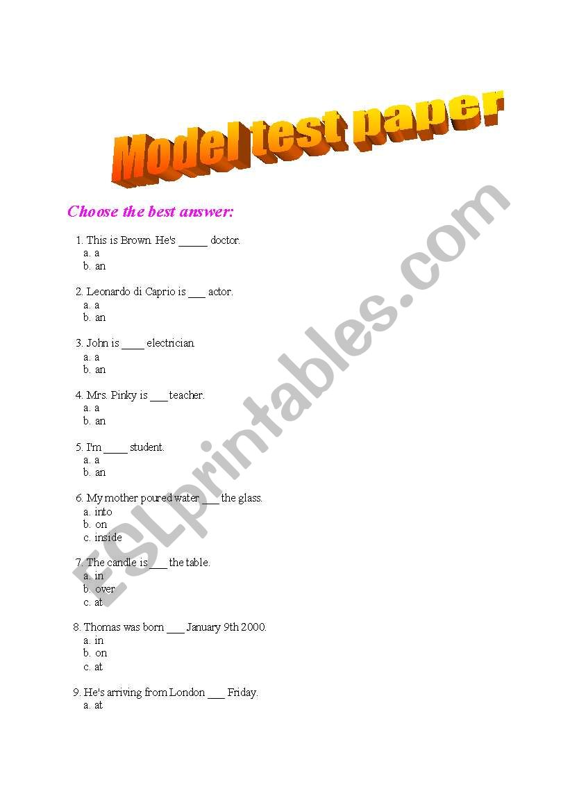 model test paper worksheet