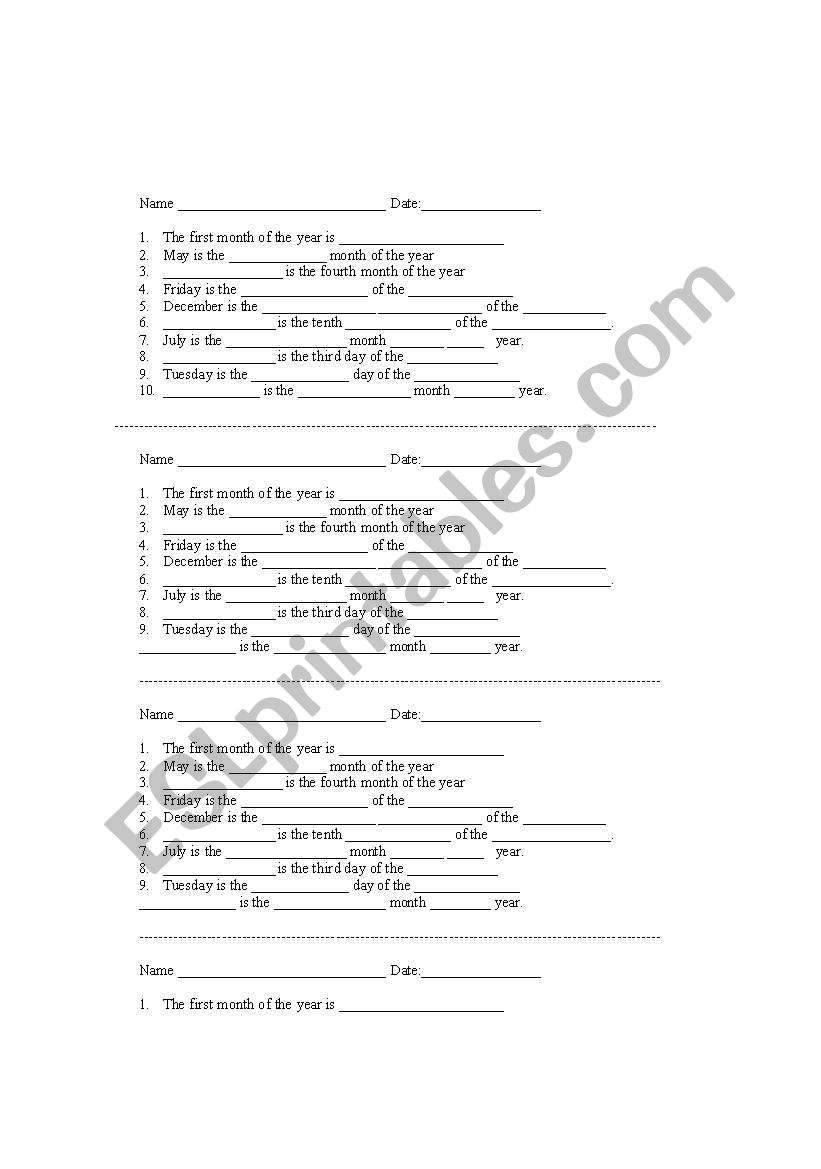 MONTHS AND WEEK DAYS QUIZ worksheet