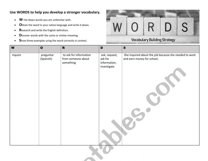 WORDS Chart Vocabulary Builder