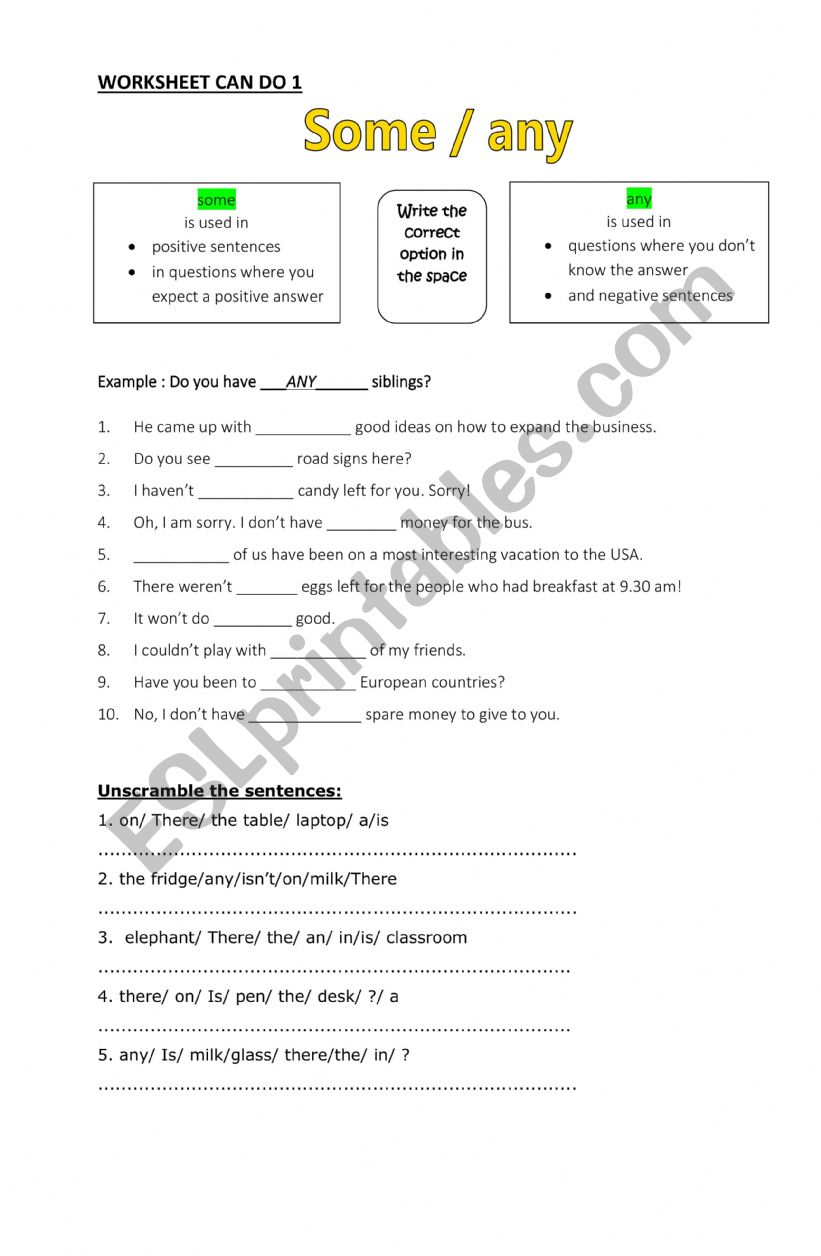 SOME AND ANY  worksheet