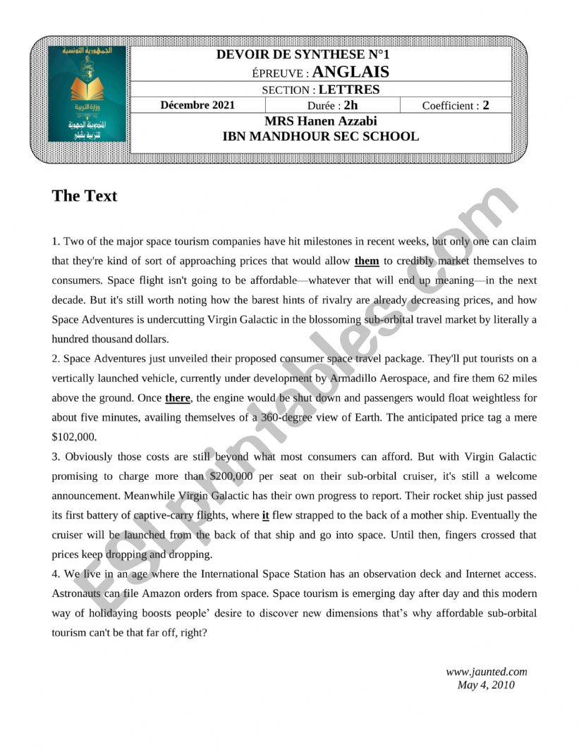 full term test n1 LETTRES  worksheet