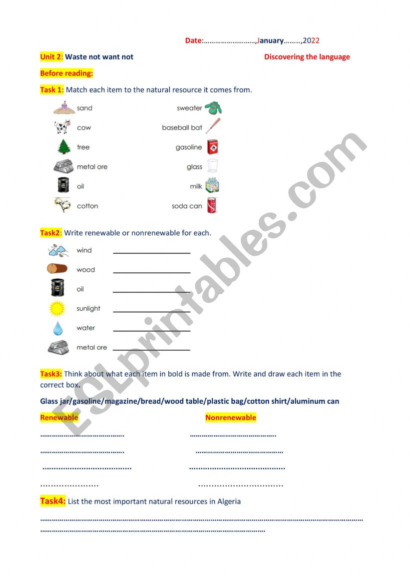 natural resources worksheet