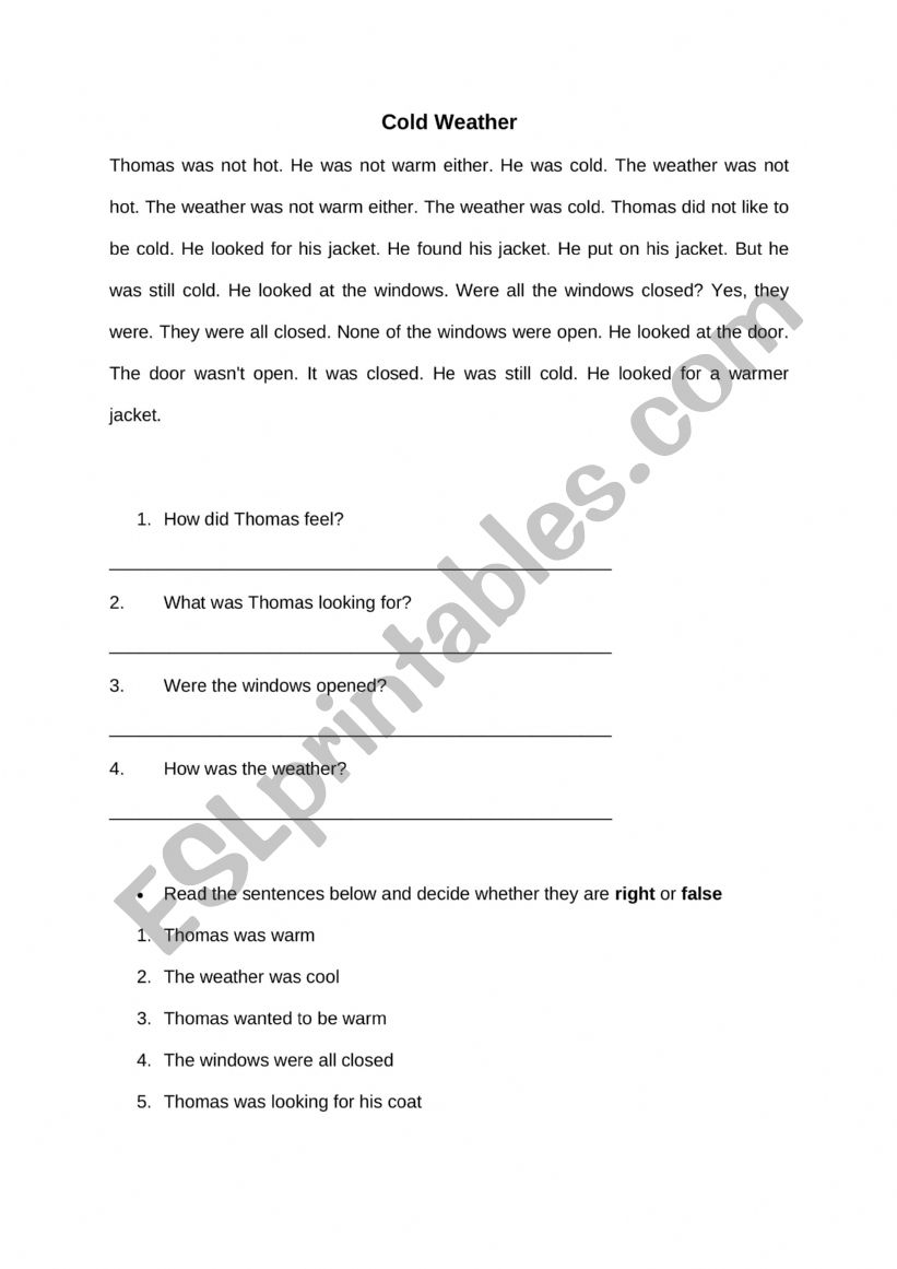 Cold Weather worksheet