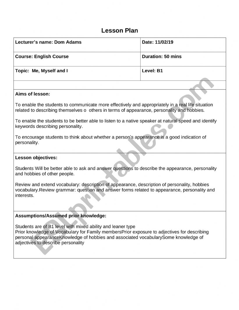 Me, Myself and I worksheet
