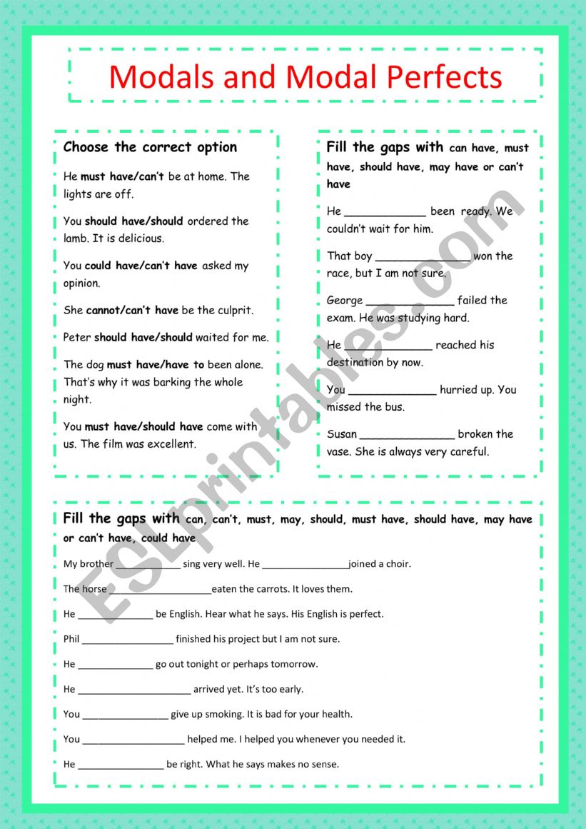 Modals and modal perfects worksheet