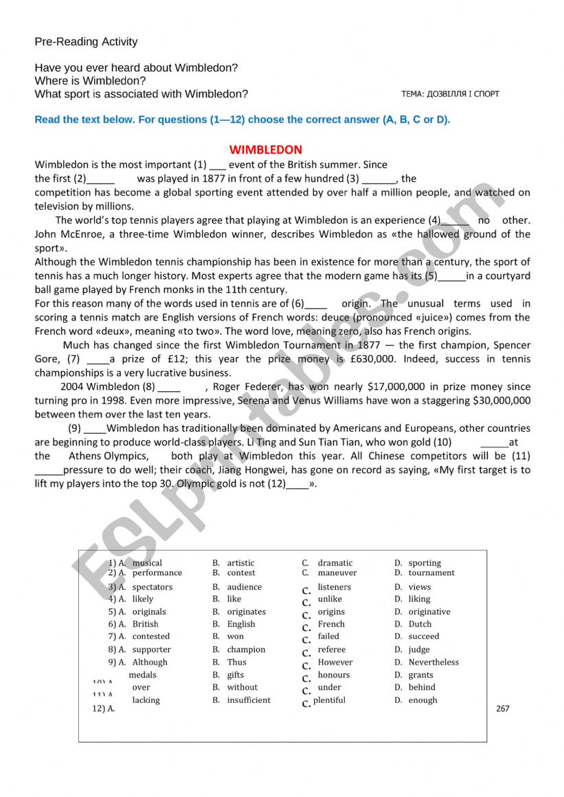Wimbledon. Sports worksheet