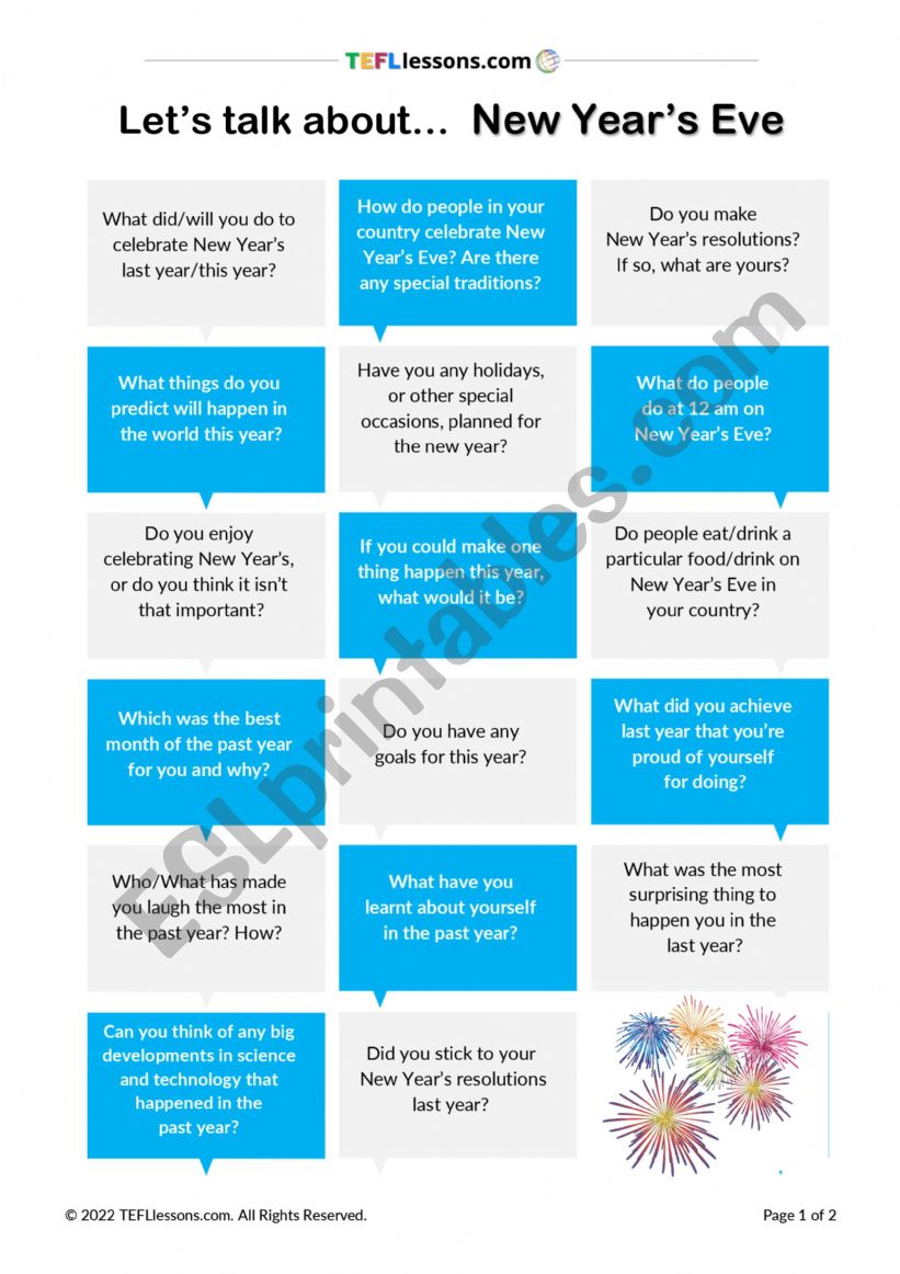 New Years Eve Speaking Task worksheet