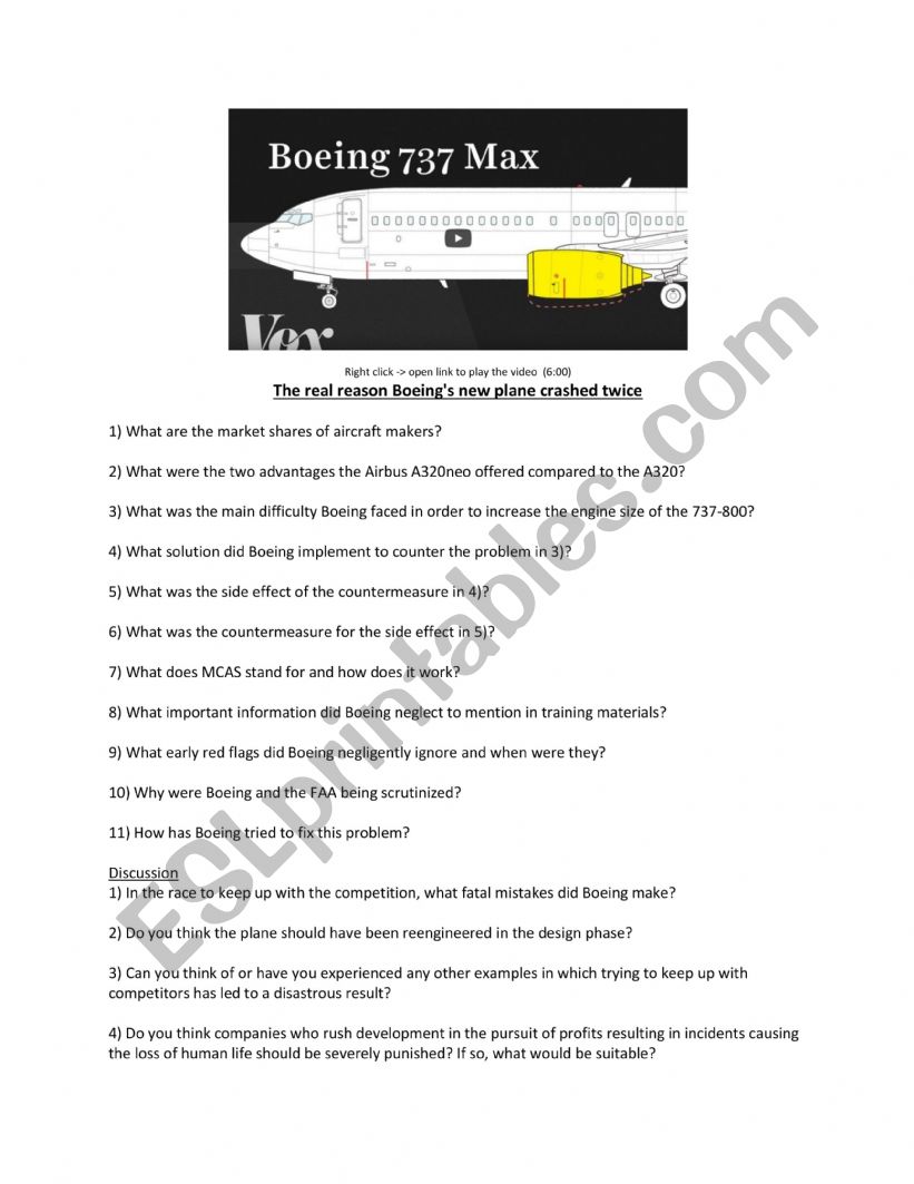 Boeing 737 Max - YouTube lesson - Student sheet 