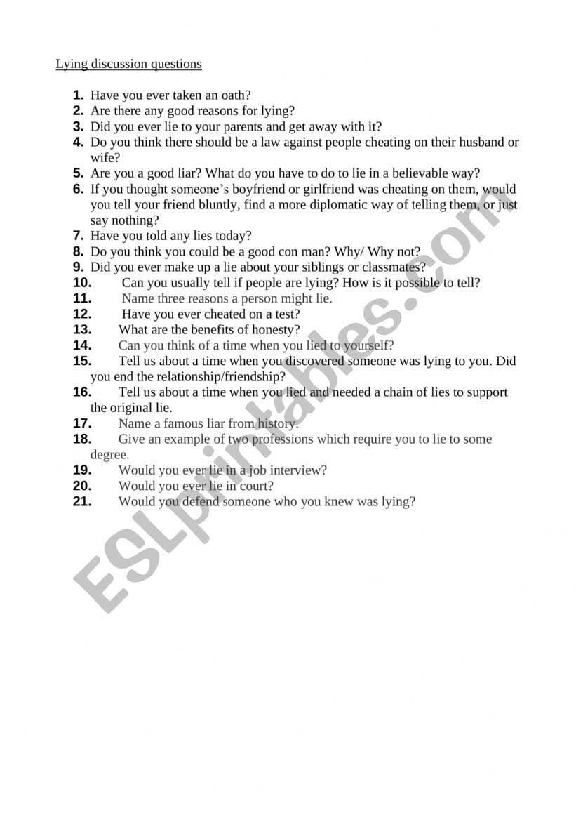 Lying Discussion Questions worksheet