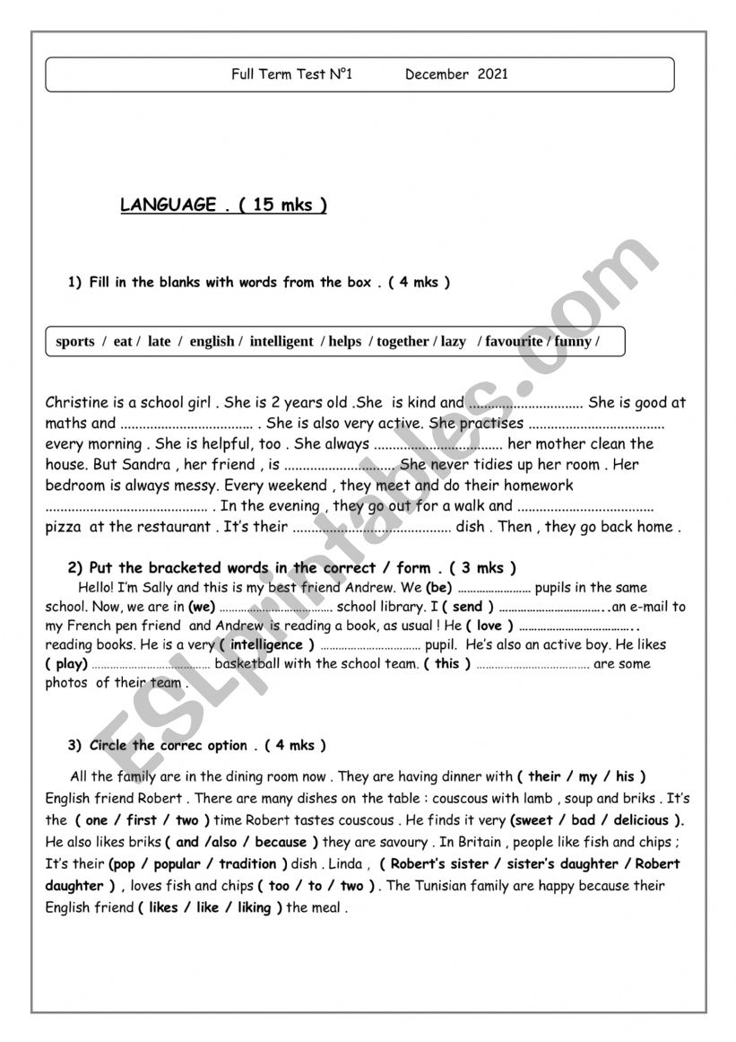 end of term test N°1 7th form - ESL worksheet by yassour