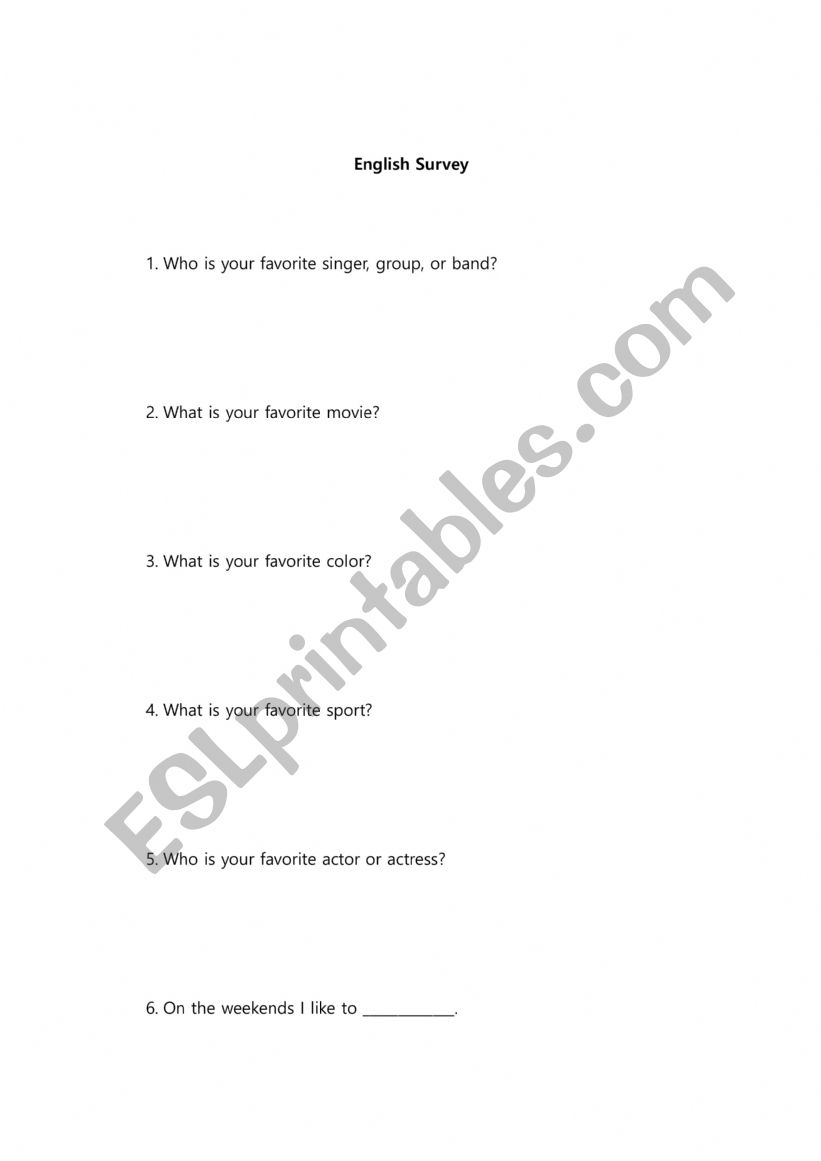 English Survey worksheet