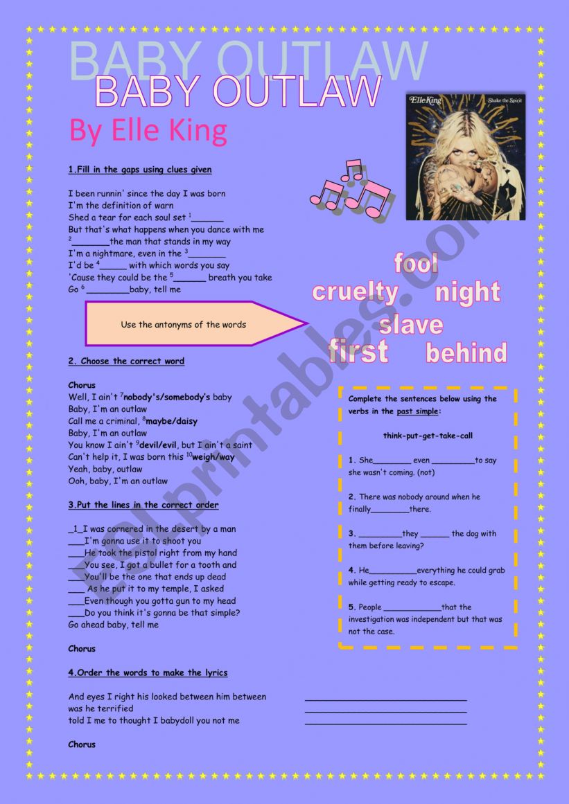 Baby Outlaw by Elle King worksheet
