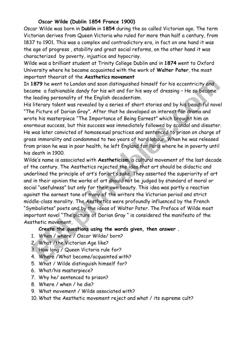 Oscar Wilde  worksheet
