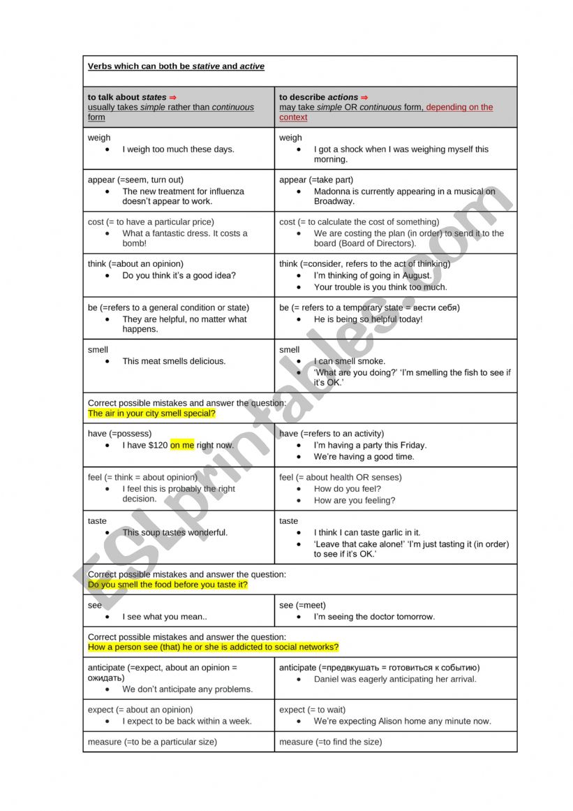 Active and Stative verbs worksheet